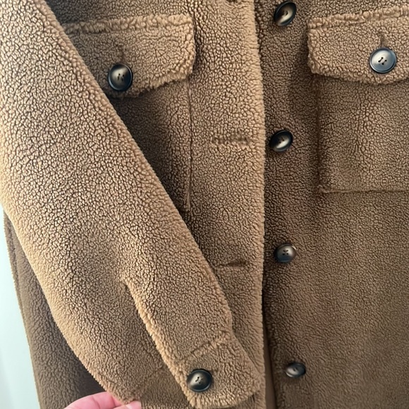 Rebecca Minkoff Long Brown / Tan Teddy Coat (Faux Sherpa) w/ Tortoise Buttonw - Picture 3 of 8